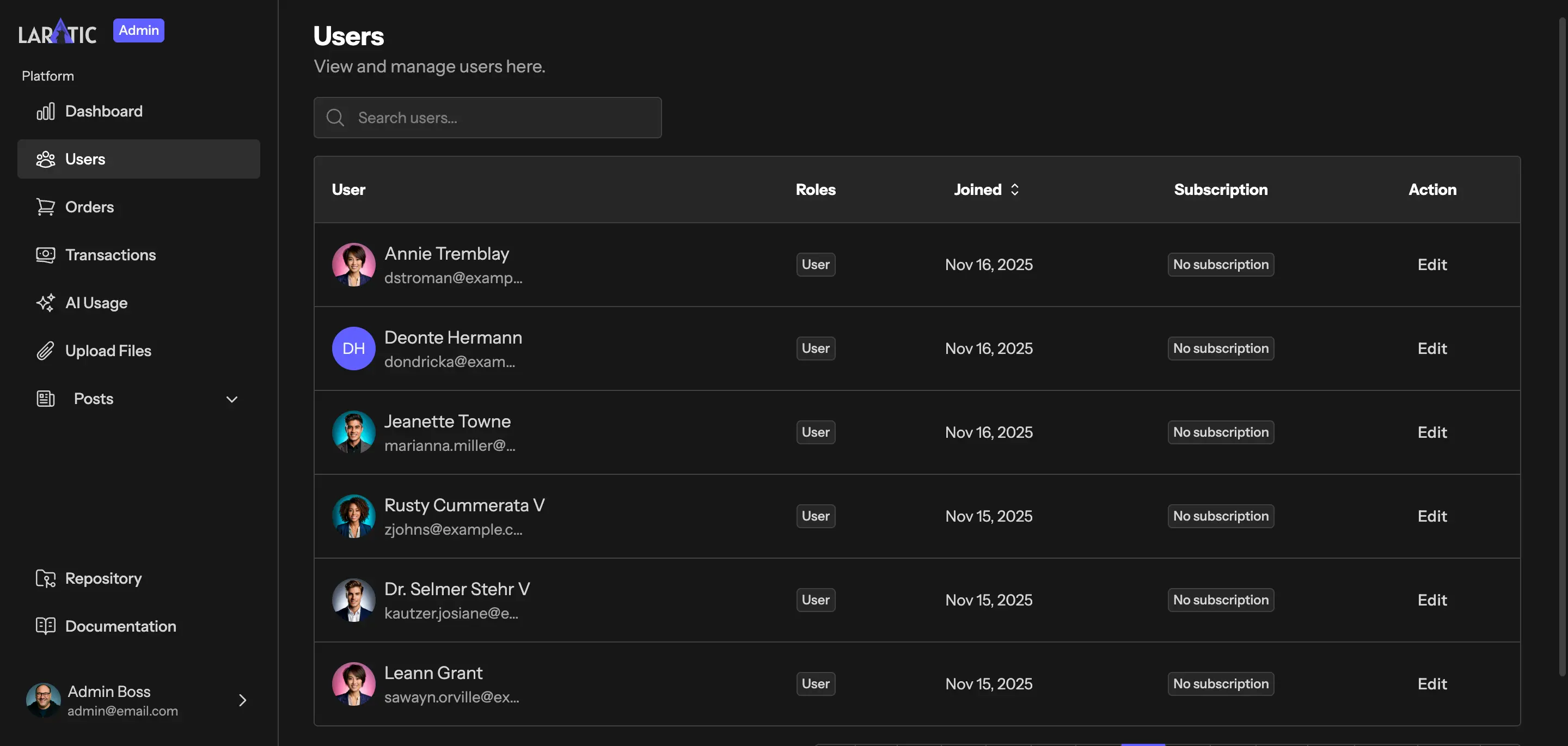User Listing table