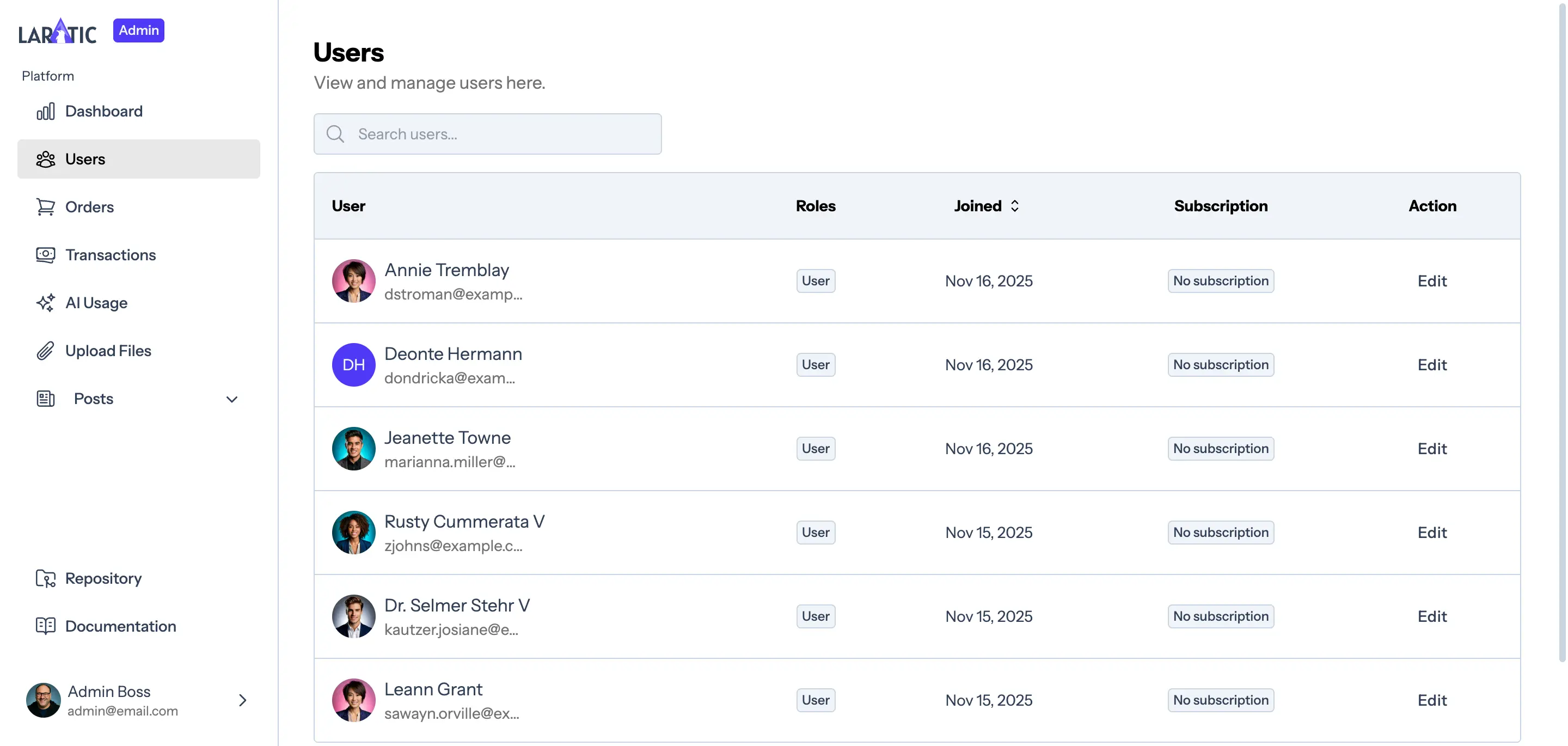 User Listing table